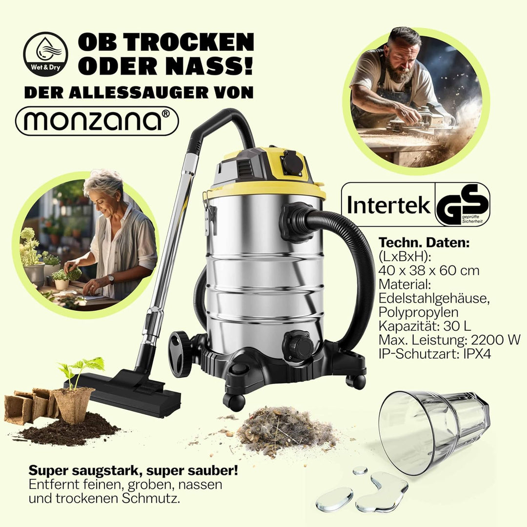 Monzana® Nass Trockensauger 30L 1200W + 1000W Steckdose GS-Zertifiziert 9m Bewegungsradius Blasfunkt
