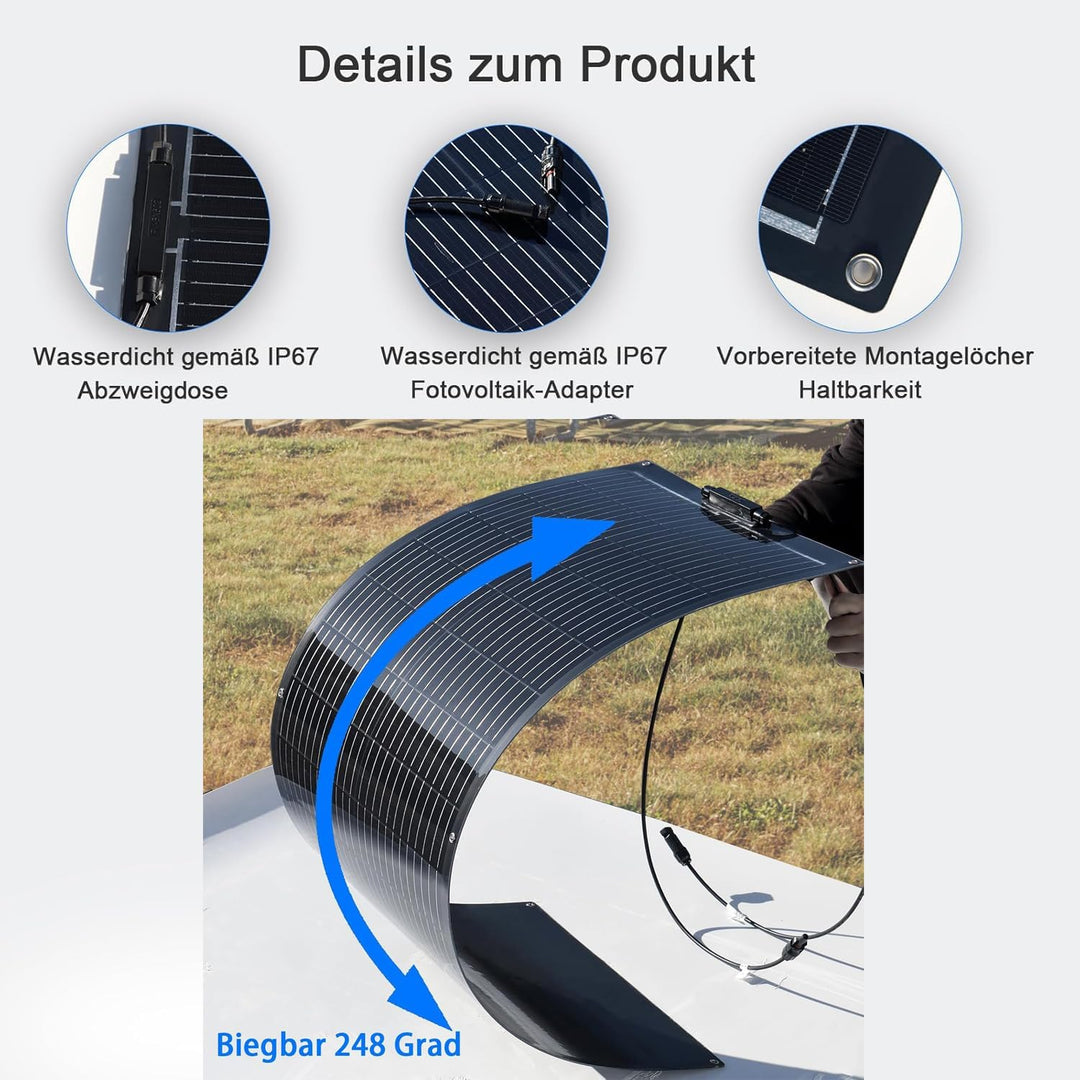 WUZECK Solarpanel Flexibel 100W Schwarz, 12V Monokristallines Flexibles Solarpanel Wohnmobil 100Watt