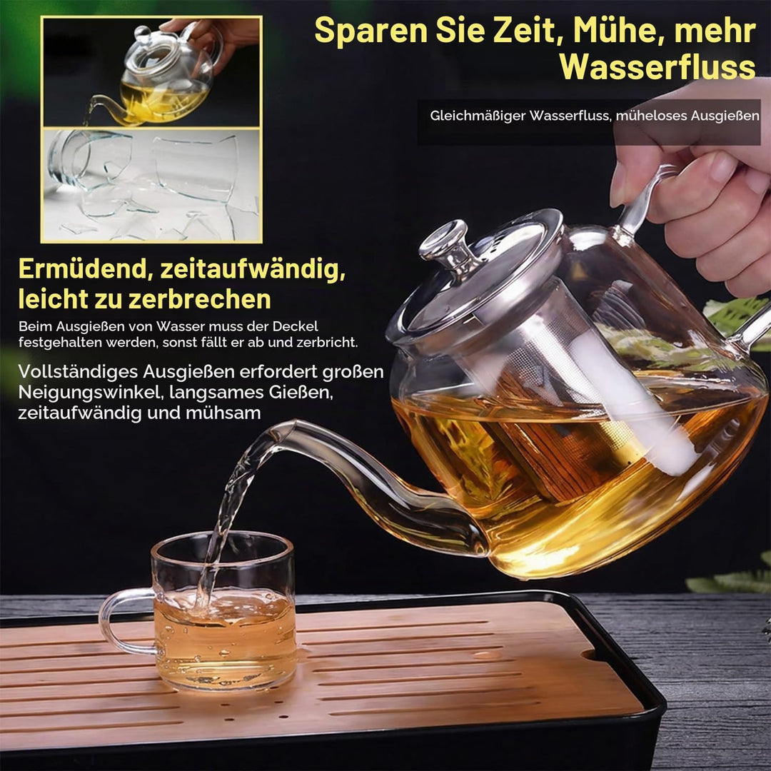 Grosse Teekanne Set aus Glas 1,5 Liter mit Siebeinsatz – Spülmaschinenfestes Teeset mit 4 Tassen für