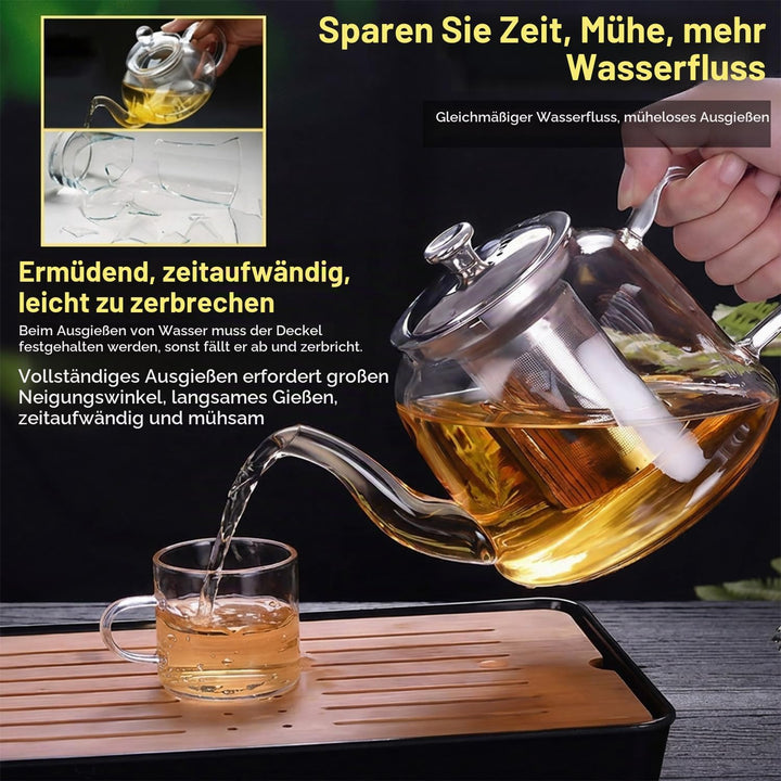 Grosse Teekanne Set aus Glas 1,5 Liter mit Siebeinsatz – Spülmaschinenfestes Teeset mit 4 Tassen für