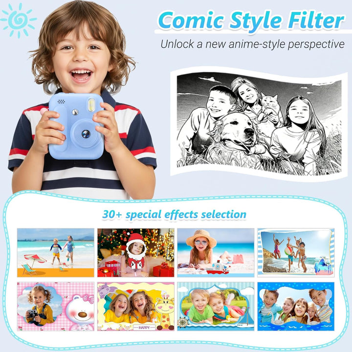 Sofortbildkamera für Kinder,1080P Kinderkamera mit 5 Rollen Druckpapier,32GB-Karte und Farbstiften,T