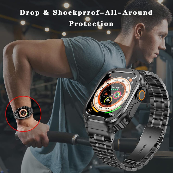 MioHHR Metallbänder mit Gehäuse kompatibel für Apple Watch Band 49 mm, stossfestes Edelstahlgehäuse