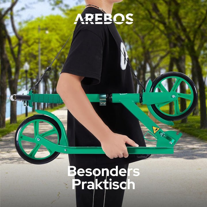 Arebos Cityroller Tretroller Scooter höhenverstellbar | klappbar | inkl. Traggurt | XXL Räder | Trit