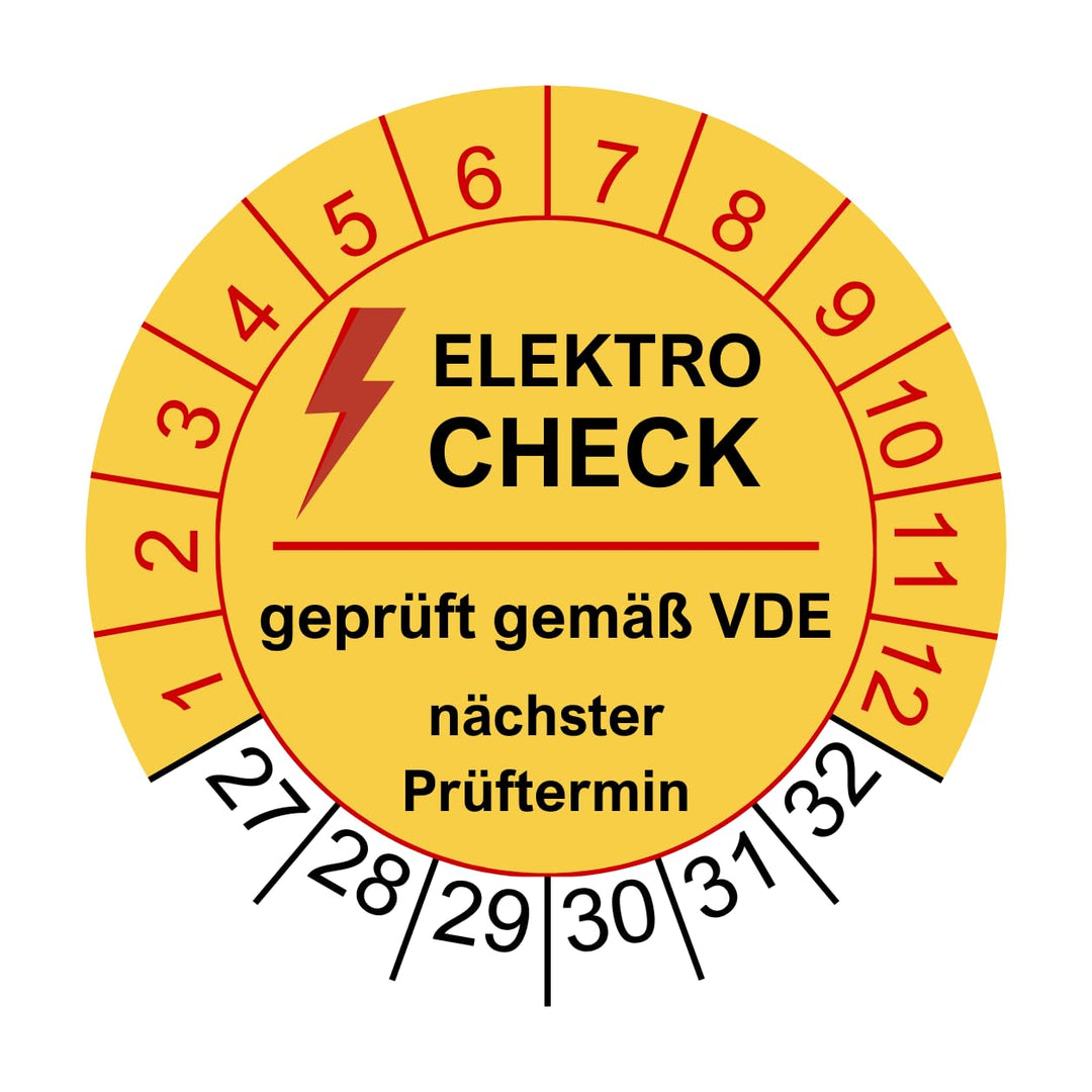 1000 Prüfplaketten Elektrocheck 2024-30mm - nachhaltig - 2025 bis 2023 - gelb - geprüft gemäss VDE -