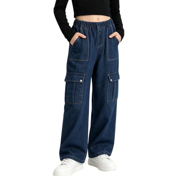 Rolanko Mädchen Jean Hosen Loch Denim Blau Jeans, Vintage Hose mit weitem Bein für Kinder Fit 6-7 Ja