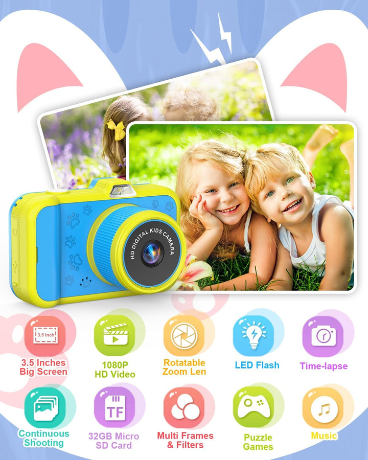 Kinderkamera, 3,5" Grossbildschirm 48MP 1080P Digitalkamera Kinder mit 360° Drehbares Zoomobjektiv L