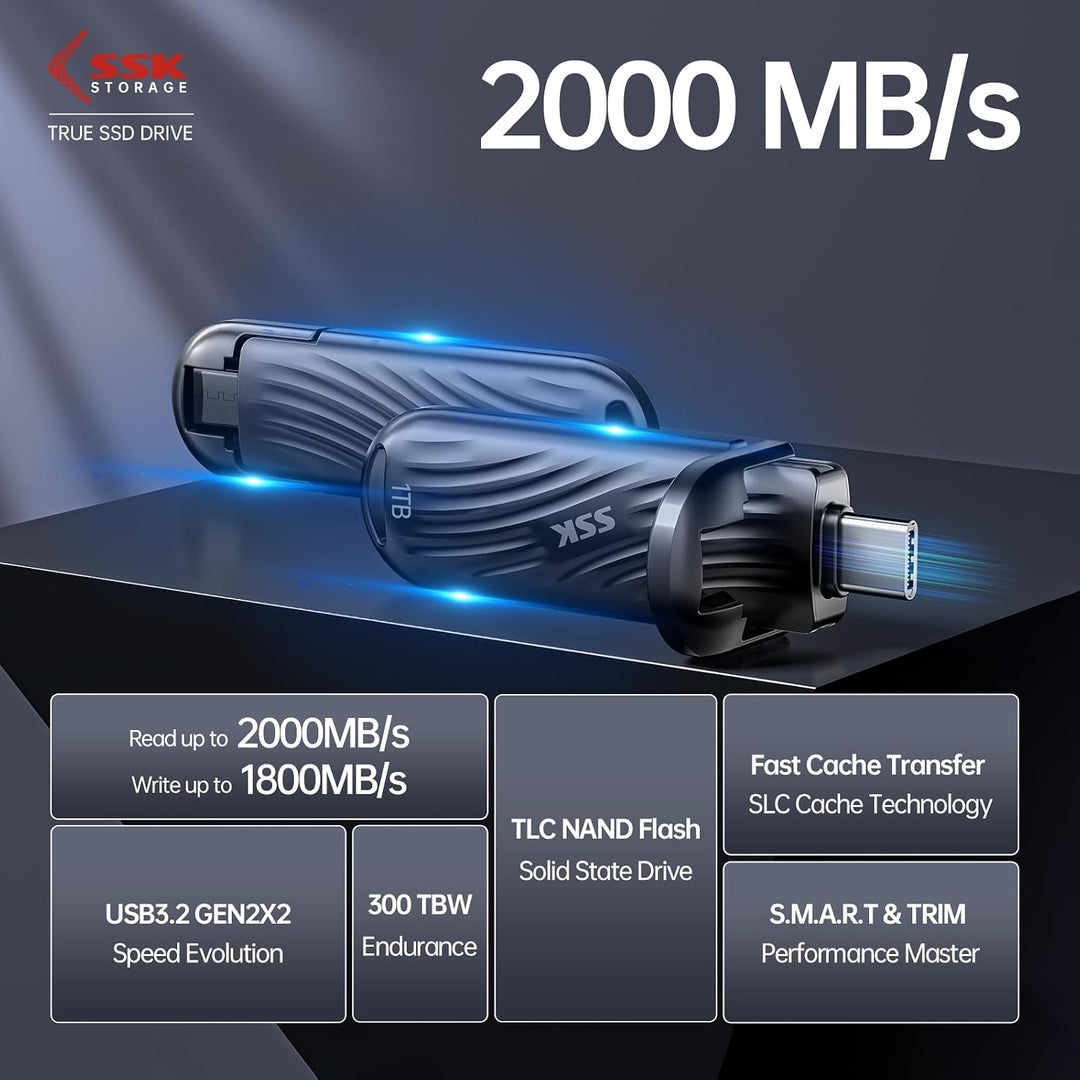 SSK USB 1TB Externe SSD mit bis zu 2000 MB/s, Typ-c Externe Festplatte Solid State Laufwerke USB 3.2
