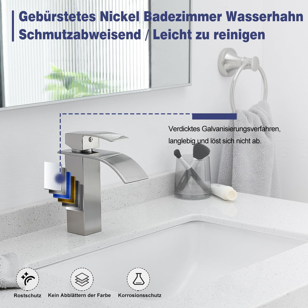 GENBONS Wasserhahn Bad Edelstahl | Wasserfall Waschtischarmatur für Badezimmer | Mischbatterie Wasch