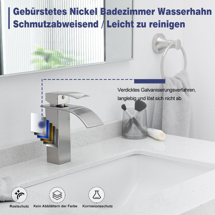 GENBONS Wasserhahn Bad Edelstahl | Wasserfall Waschtischarmatur für Badezimmer | Mischbatterie Wasch