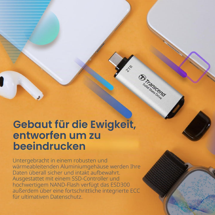 Transcend Portable SSD ESD300S 512GB USB Typ-C 10 Gbit/s PS4/PS5-kompatibel, Silber – TS512GESD300S