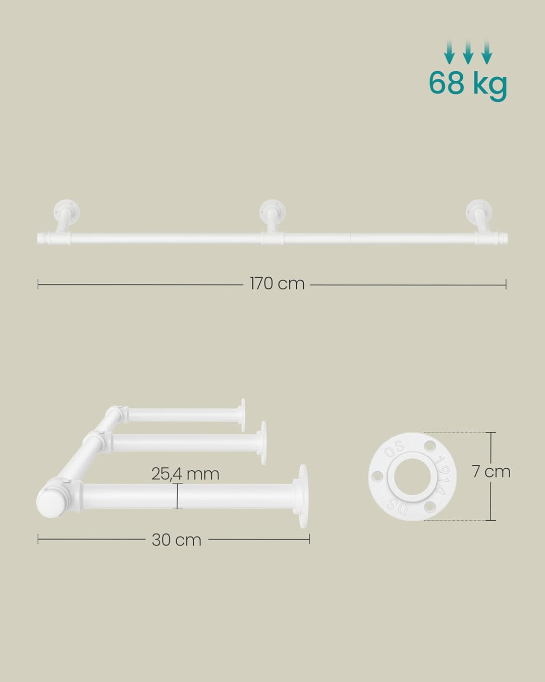 SONGMICS Kleiderstange für die Wand, Kleiderständer Wandmontage, Industrie-Design, platzsparend, 30