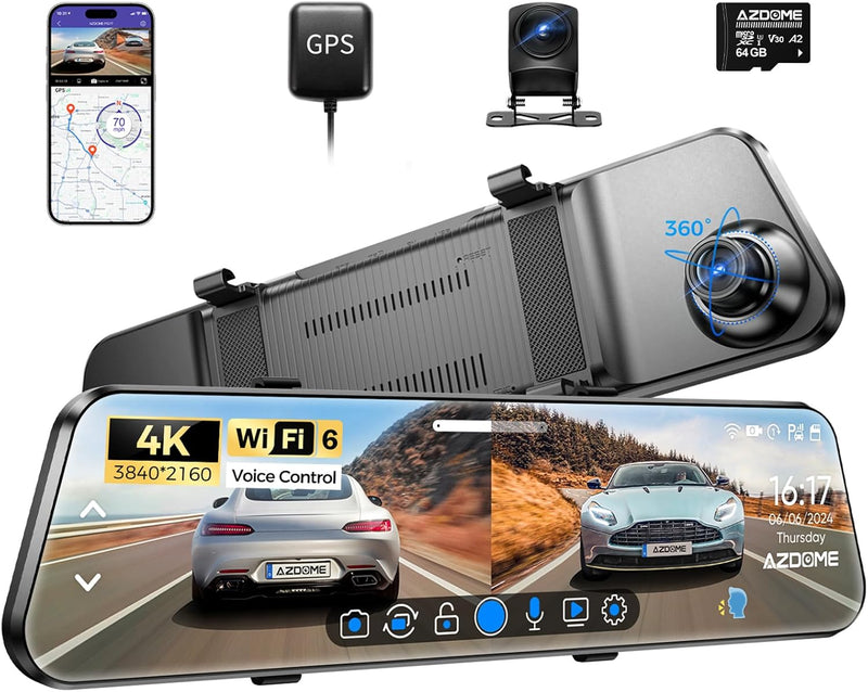 AZDOME 11.8" Spiegel Dashcam mit Rückfahrkamera & GPS, Super Nachtsicht, Loop-Aufnahme, G-Sensor, Ei