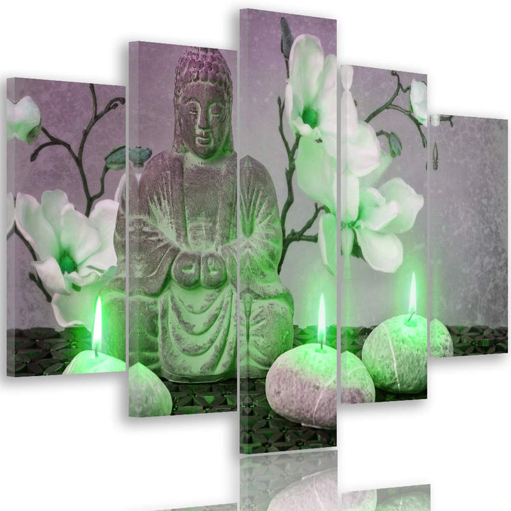 Feeby Bilder Buddha 300x140 cm Leinwandbild 5 Teilig XXL Kunstdruck modern Kerzen grün Leinwandbild