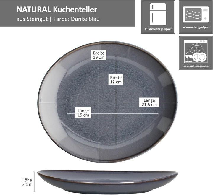 MÄSER 6er Set Natural Kuchenteller I ovale dunkelblaue Steingut-Frühstücksteller für 6 Personen I kl