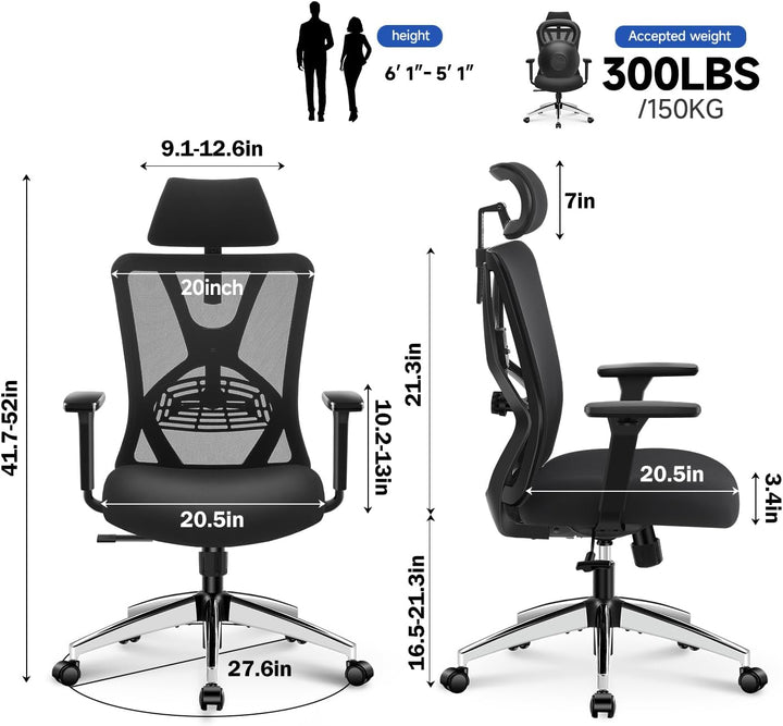 Ticova Bürostuhl Ergonomisch Schreibtischstuhl, Hoher Rücken Ergonomischer Stuhl mit Verstellbarer L