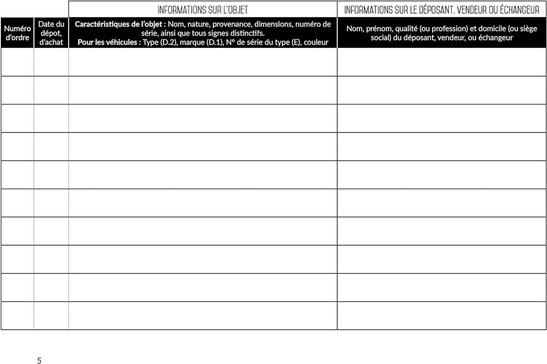 Registre spécial Antiquaire, Brocanteur - Livre de police d'objets mobiliers - Registre de brocante