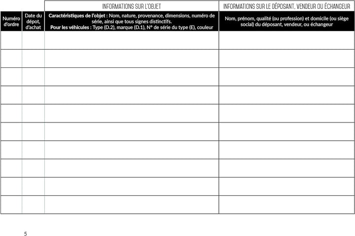 Registre spécial Antiquaire, Brocanteur - Livre de police d'objets mobiliers - Registre de brocante