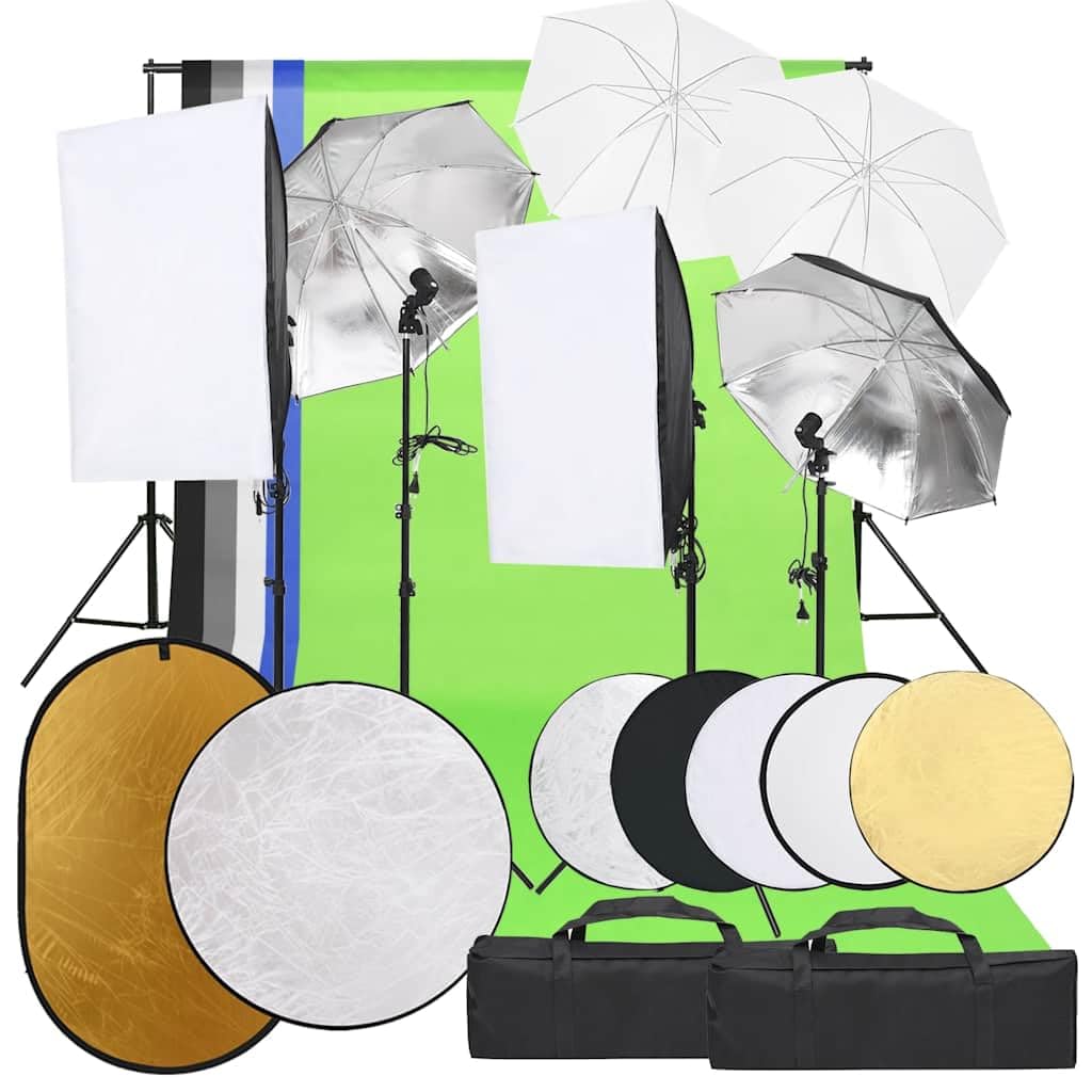 Fotostudio-Set mit Beleuchtung, Hintergrund, Reflektor, Softbox und Stativ für professionelle Studio