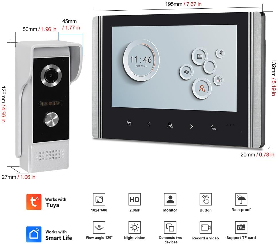 WLAN Video-Intercom-System für Zuhause, 1080P HD Türglocke Kamera mit 2 Monitoren, 7 Zoll IPS Bildsc
