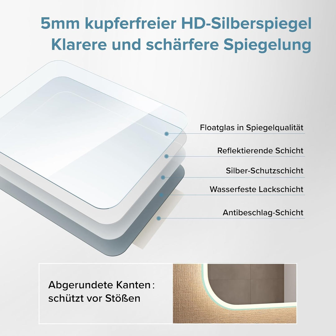 dopporo LED Badspiegel 140x70cm Badzimmerspiegel mit Beleuchtung Spiegel mit runden Ecken Wandspiege