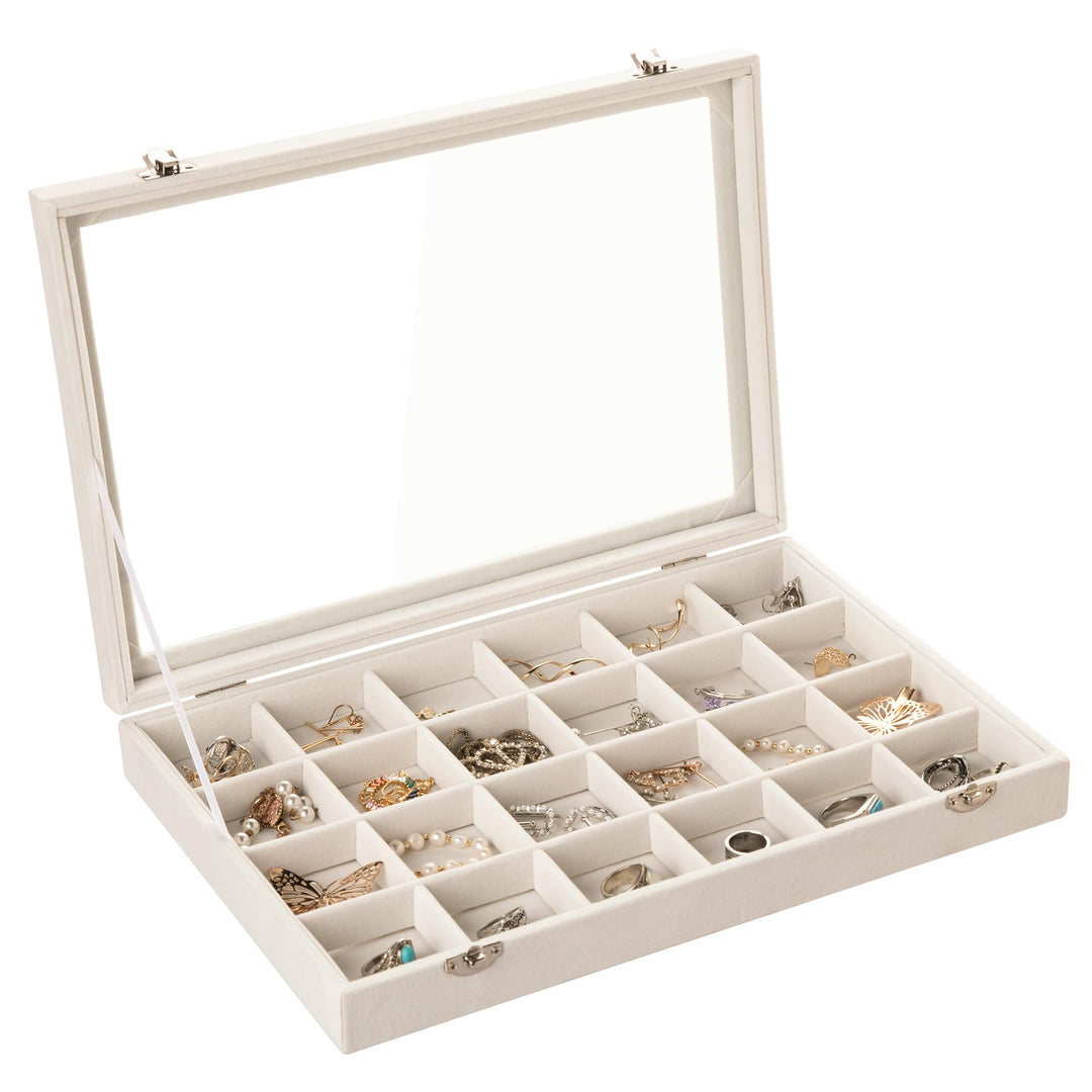 Frebeauty Samt Schmucktablett 24 Gitter Schmuck Organizer mit durchsichtigem Deckel Ohrring Organize