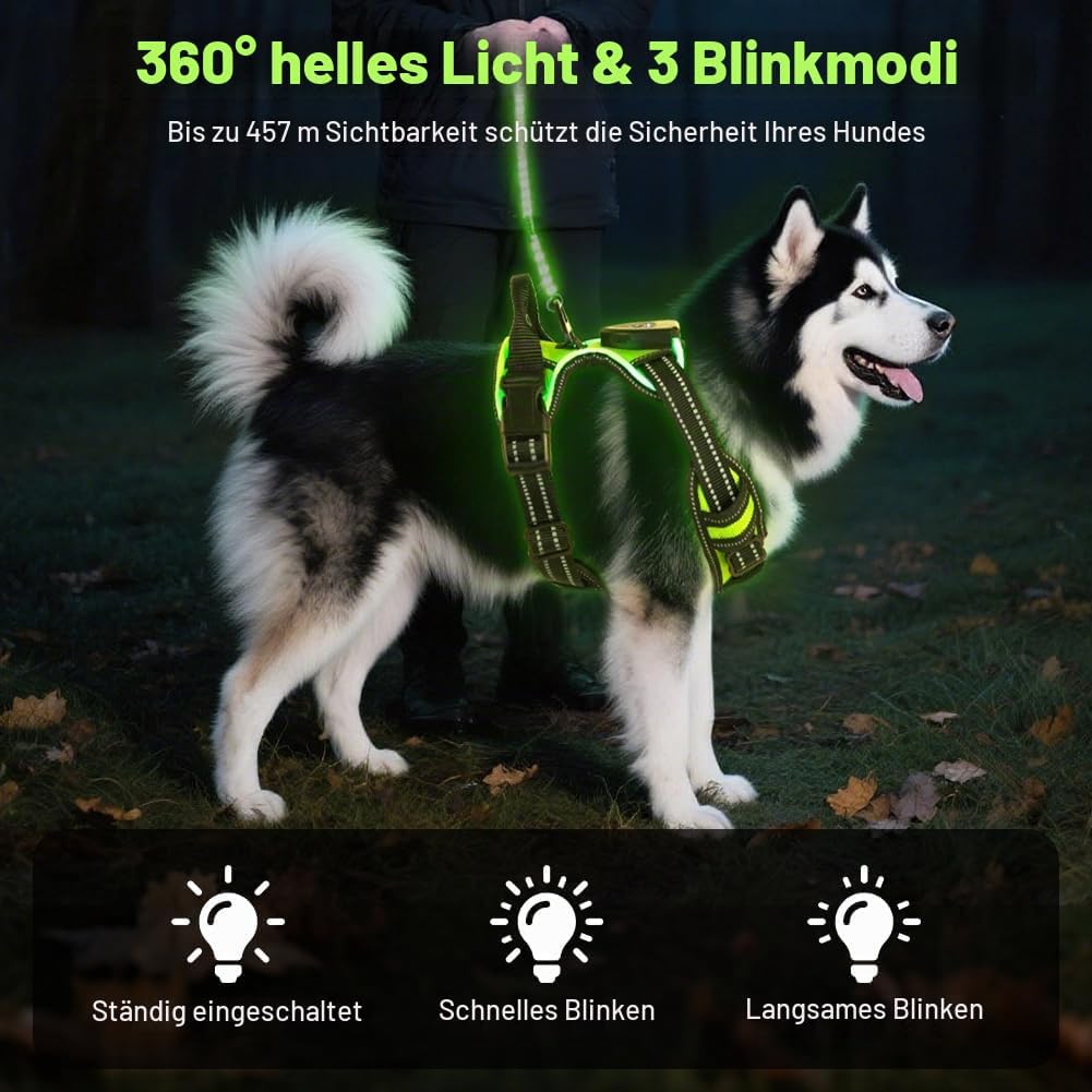 AUAUY Hundegeschirr Leuchtend, Einstellbar Leuchtgeschirr LED Aufladbar Reflektierendes, 3 Modi Atmu