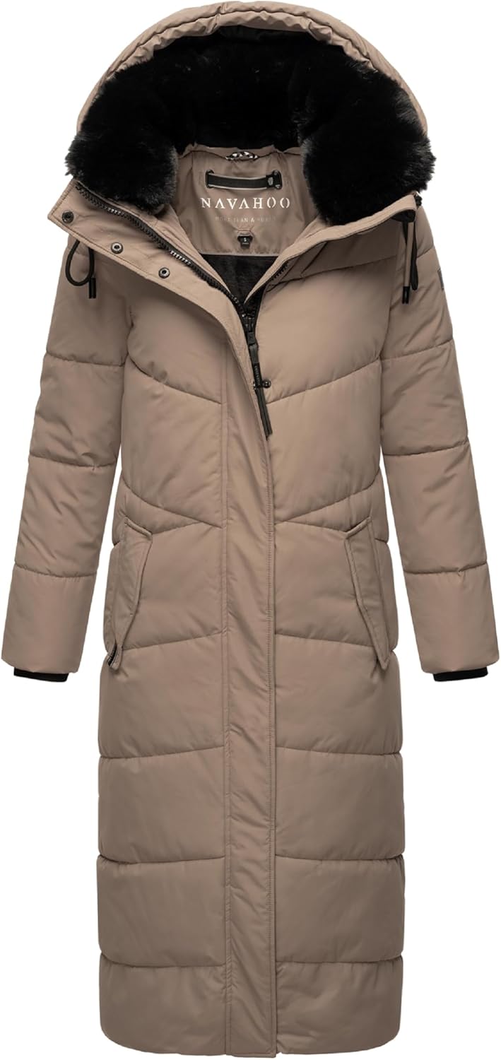 Navahoo Damen Wintermantel Steppmantel extralang mit abnehmbarer Kapuze Hingucker XIV XS-XXL L Taupe
