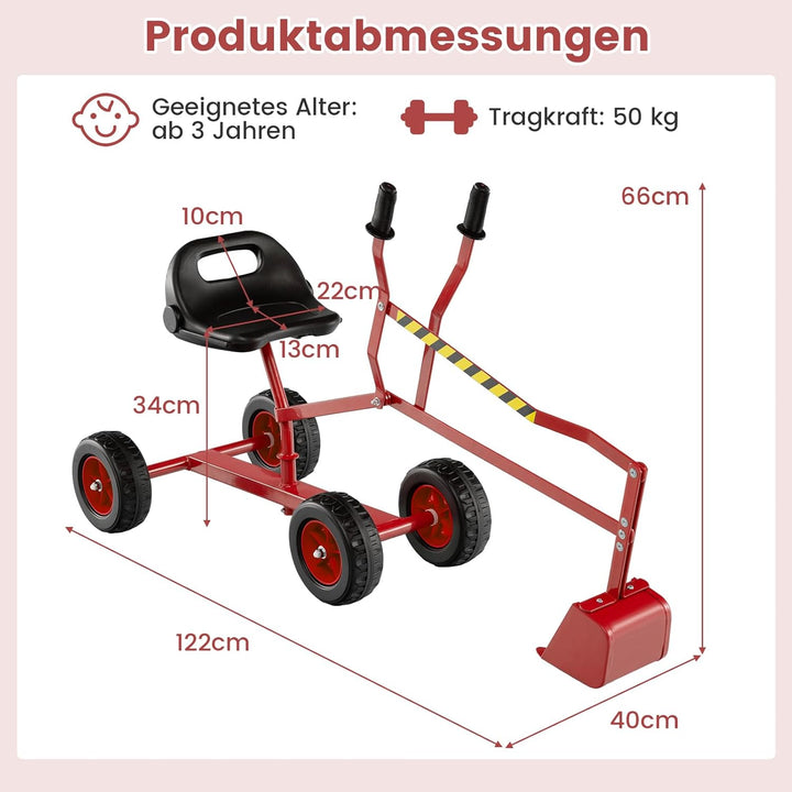 DREAMADE Sandbagger für Kinder, Aufsitzbagger mit 360° drehbarem Sitz, flexiblem Schaufelarm, ergono