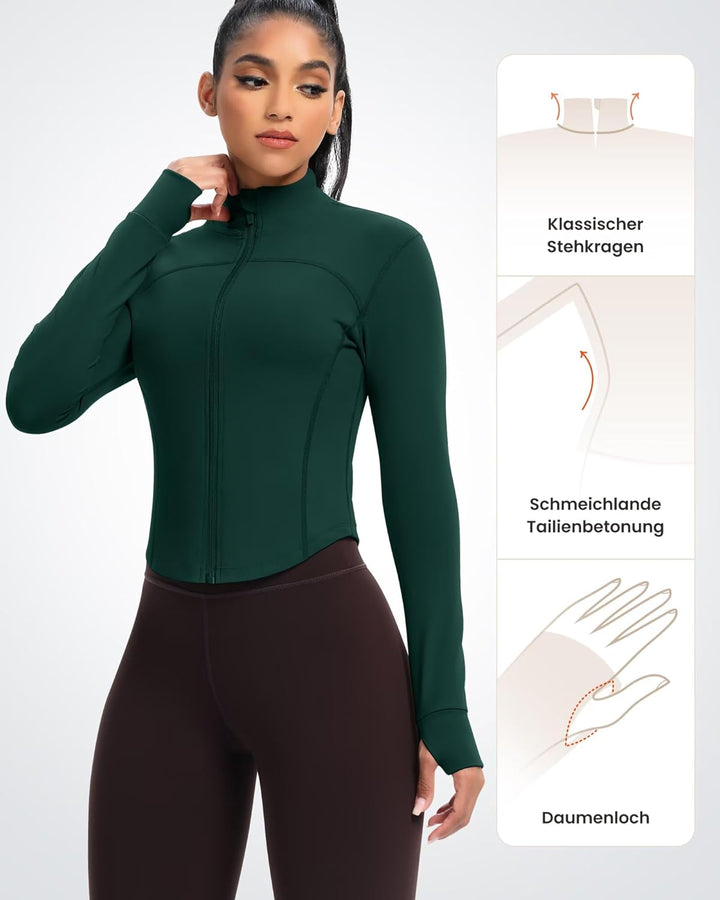 QUEENIEKE Kurze Damen Sportjacke – Leichtes atmungsaktives Yoga-Oberteil mit Daumenlöchern für Fitne