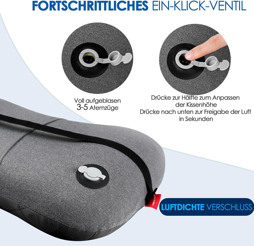 HIKENTURE Aufblasbares Camping/Reise Kissen mit Abziehbarem Kissenbezug, Ergonomisches Kopfkissen, K