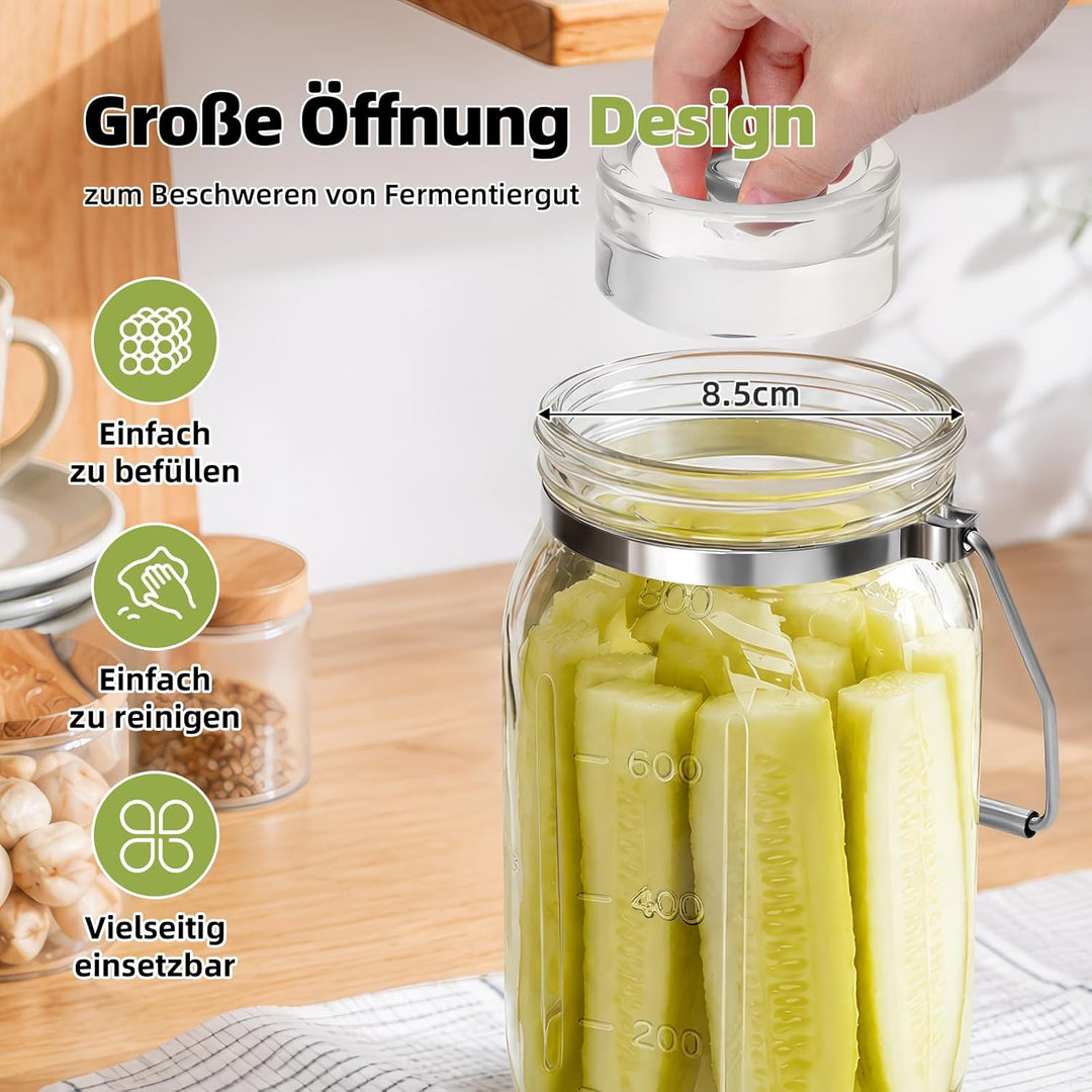 Mittimiya 2 Stück 1L Fermentierglas mit Tragegriff, Fermentiergläser mit Fermentiergewichte, Gärvent