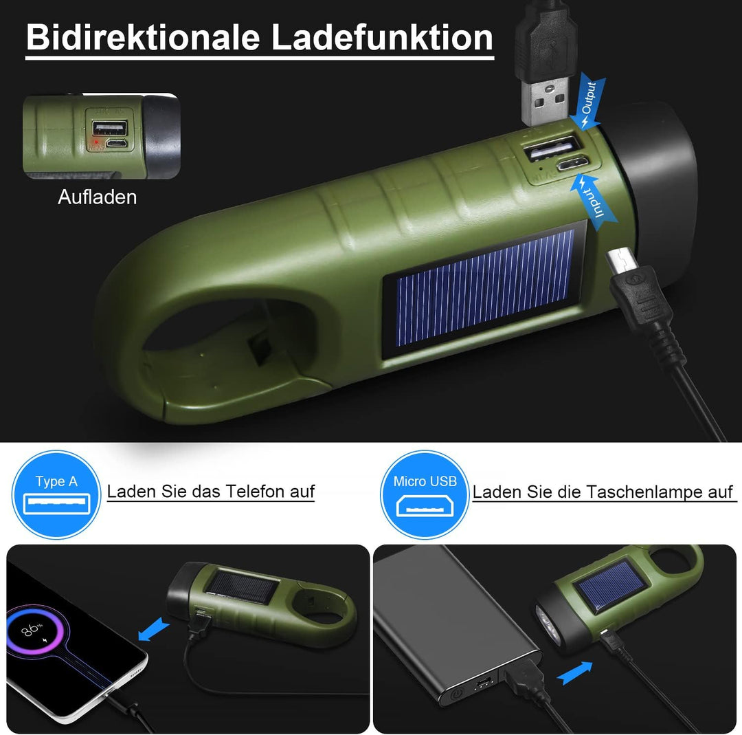 LED Taschenlampe USB Aufladbar, LED Taschenlampe für Aufladen Telefon, Kurbeltaschenlampe, Solar Tas