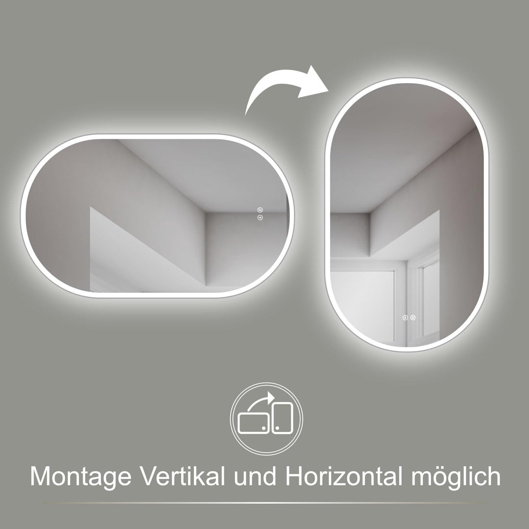 HOKO Design LED ANTIBESCHLAG Badezimmer Spiegel oval 45 x 75 cm. HOCH + QUER Montage möglich. Badspi