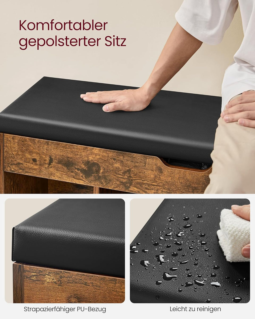 VASAGLE Custos Kollektion - Schuhbank mit Sitzfläche, Sitzbank mit Stauraum, gepolstert, 3 offene Fä