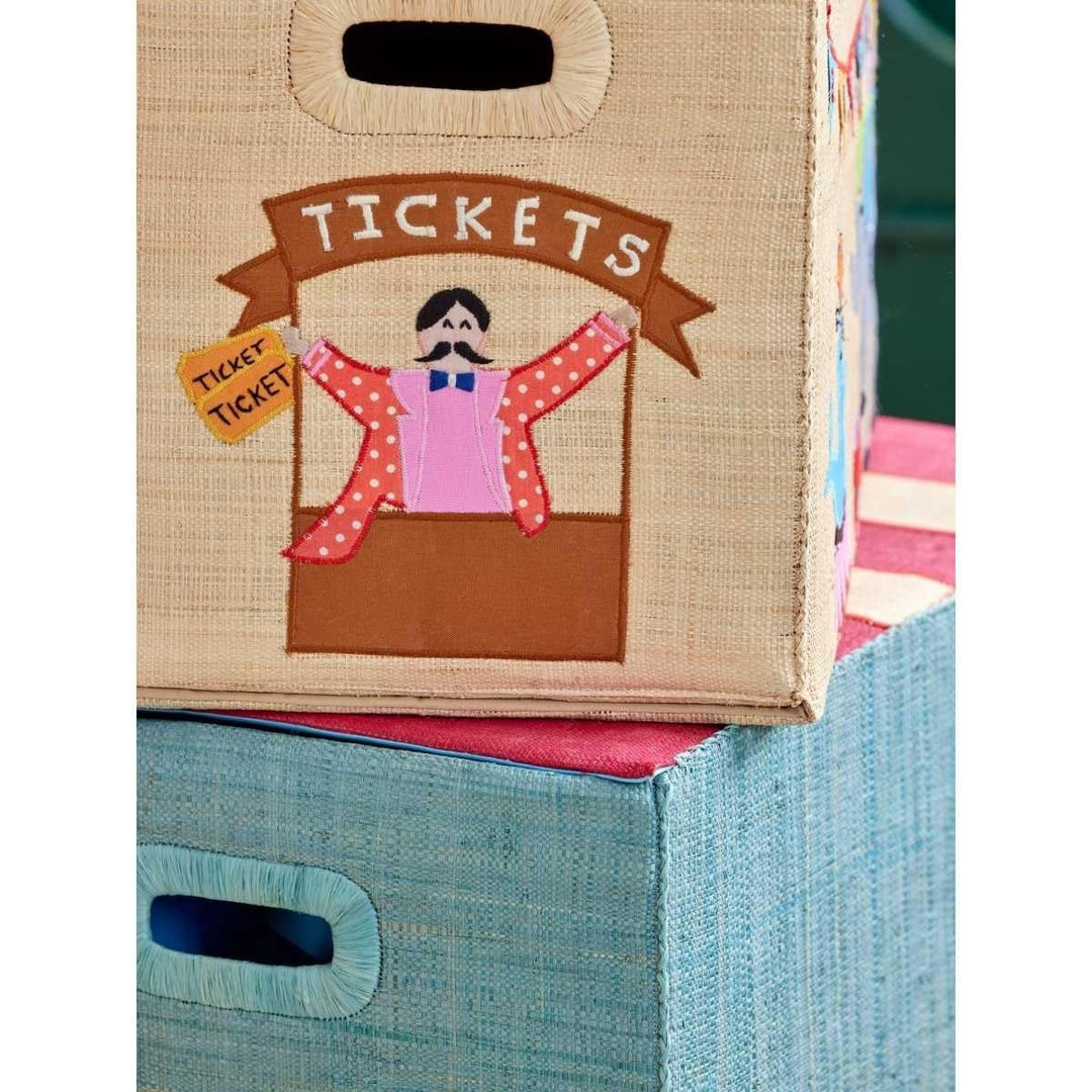 Grosse Raffia Aufbewahrungsbox für Kinder mit Zirkusmotiv, faltbar mit Deckel & Griffen | handgefert