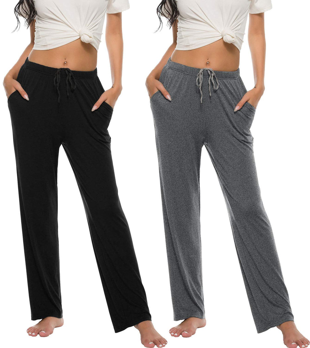 MoFiz Damen Schlafanzughose Lang Pyjamahose Nachtwäsche Weich Loungehose Freizeithose mit Taschen S