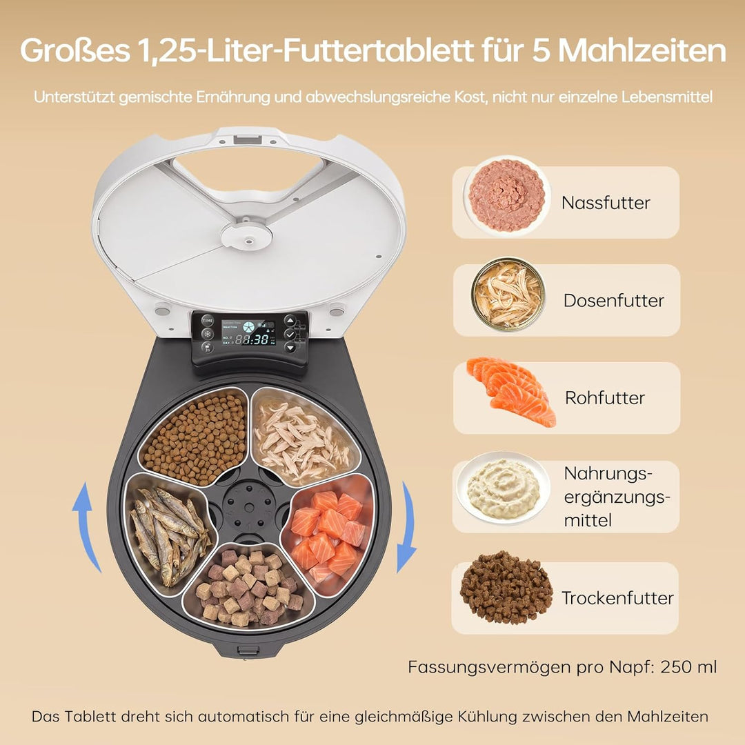 Futterautomat Katze Nassfutter, 3 Tage Frische 5 Mahlzeiten, Mit Halbleiter-Kühlung &amp; Heizung Nassfu