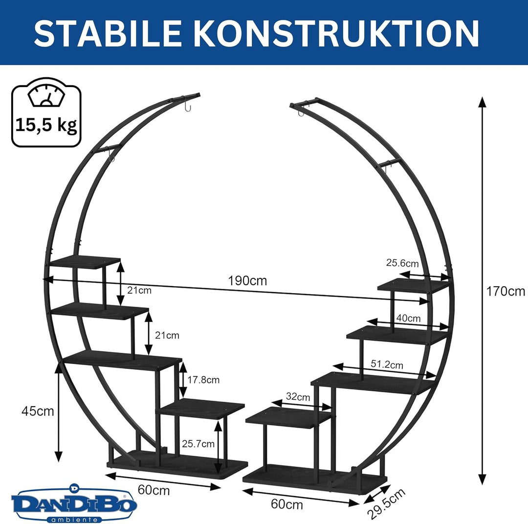 DanDiBo Blumenregal Indoor 170 cm Hoch Metall Schwarz Rund 96586 Blumentreppe Gross Halbrund Pflanze