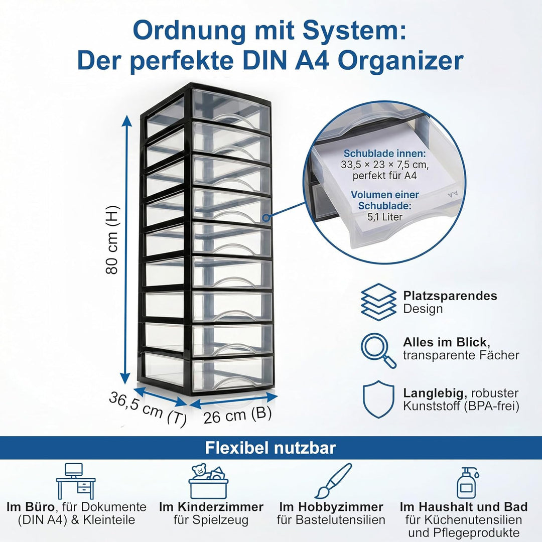 Hausfelder Schubladenbox A4 mit 9 Schubladen, Transparente Kunststoff Schubladenbox für Schreibtisch