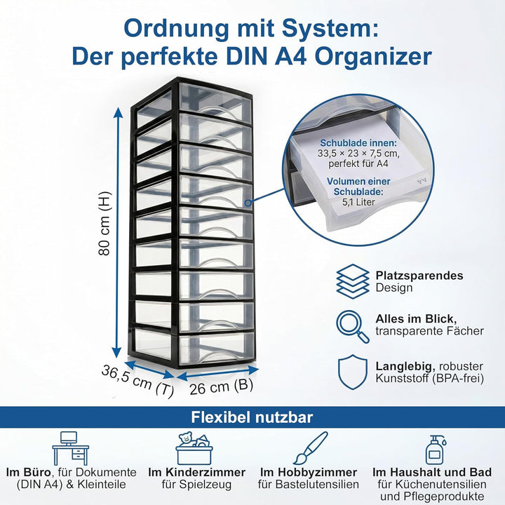Hausfelder Schubladenbox A4 mit 9 Schubladen, Transparente Kunststoff Schubladenbox für Schreibtisch