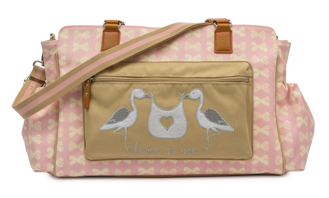 Baby-Wickeltasche mit Aufschrift „Twice as Nice“ - Pink, mit cremefarbene Schleifen, von Pink Lining