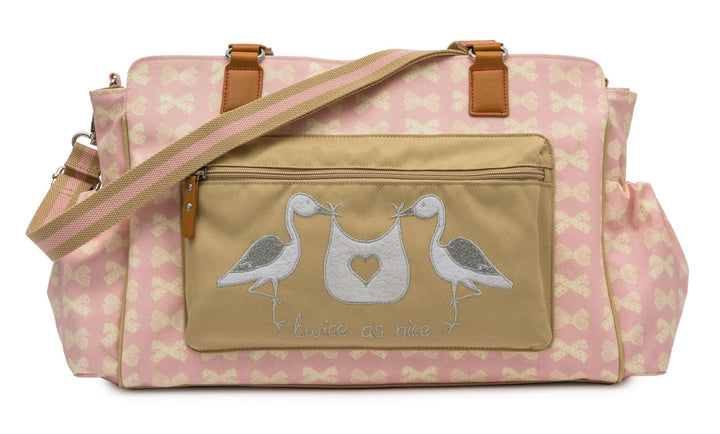 Baby-Wickeltasche mit Aufschrift „Twice as Nice“ - Pink, mit cremefarbene Schleifen, von Pink Lining