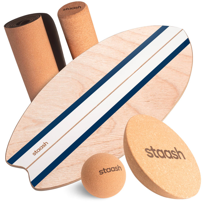 STAASH® Balance Board Holz – Pro Gleichgewichtstrainer inkl. Schutzmatte, Rolle, Halbkugel, Korkball