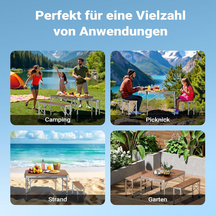 Wiltec Koffertisch mit 2 Bänken Holzdesign Aluminium 90x66x70 cm Campingtisch klappbar Sitzgruppe Ca