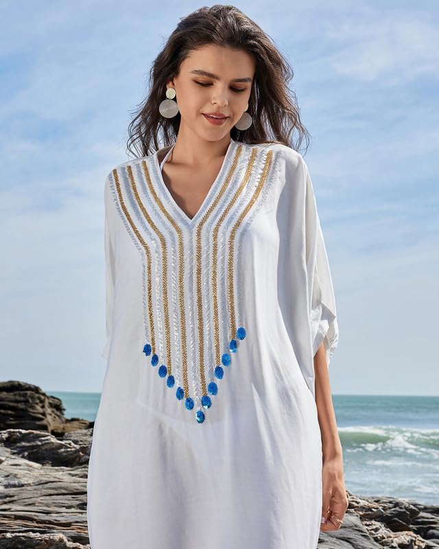 Bsubseach Damen Stickerei Kurzarm Bikini Strandkleid Side Split Beach Kaftan Kleid Ff-weiss, Ff-wei&
