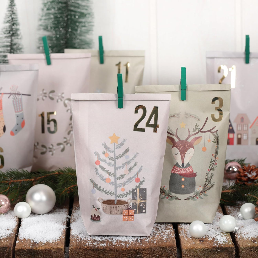 Papierdrachen Adventskalender 2025 zum Befüllen - 24 pastellfarbene Geschenktüten mit Zahlenaufklebe