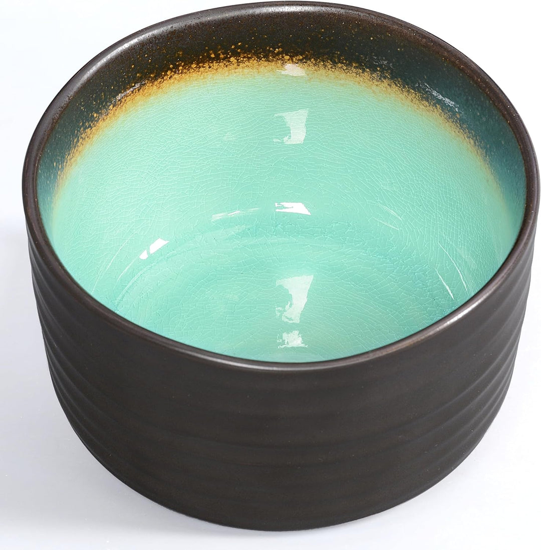 Matcha-Set 4-teilig, bestehend aus 2 Matchaschalen anthrazit/türkis mit Craquelé-Muster, Matchalöffe