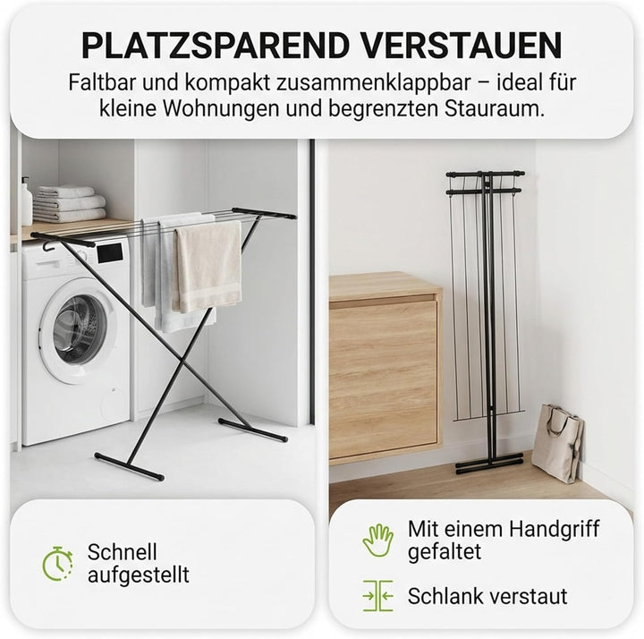 Gardissimo kompakter Wäscheständer Space schwarz, 5,5 m Trockenfläche, mit Haken für Kleiderbügel un