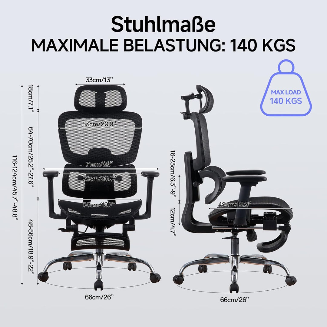 LarkLeaves Ergonomischer Bürostuhl mit Fussstuhl & 3D Armlehnen - Gaming Stuhl mit 5-Fach Höhenverst