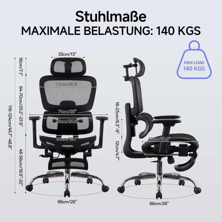 LarkLeaves Ergonomischer Bürostuhl mit Fussstuhl & 3D Armlehnen - Gaming Stuhl mit 5-Fach Höhenverst